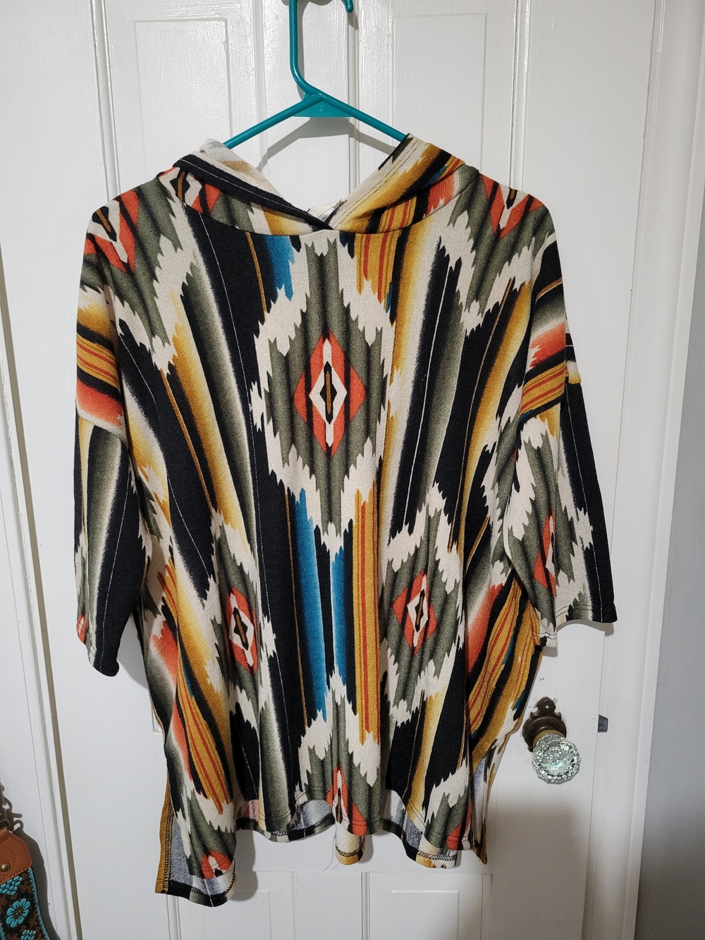 BiBi Multicolor Aztec Hooded Top with Teal, Rust & Mustard Accents